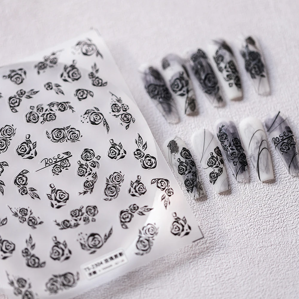 

Black Series Embossed Nail Art Stickers 5D Rose Silhouette Decor Design Ultra-thin Charm Sliders Manicure Decals Nails Supplies