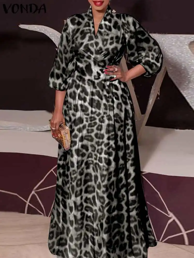 

Leopard Kaftan Dress Bohemian Long Maxi Dress VONDA 2022 Women Vintage Printed Party Vestidos Summer Beach Sundress Femme Robe
