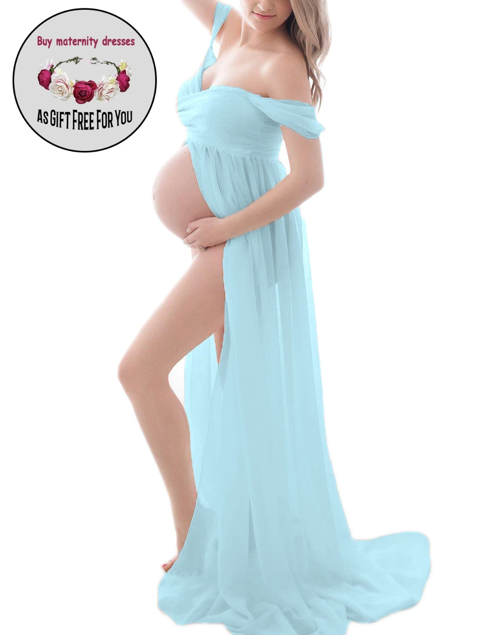 Women Pregnancy Dress  for Photo Shoot  Sexy split   Off-Shoulder  Long Strapless Maxi Dress