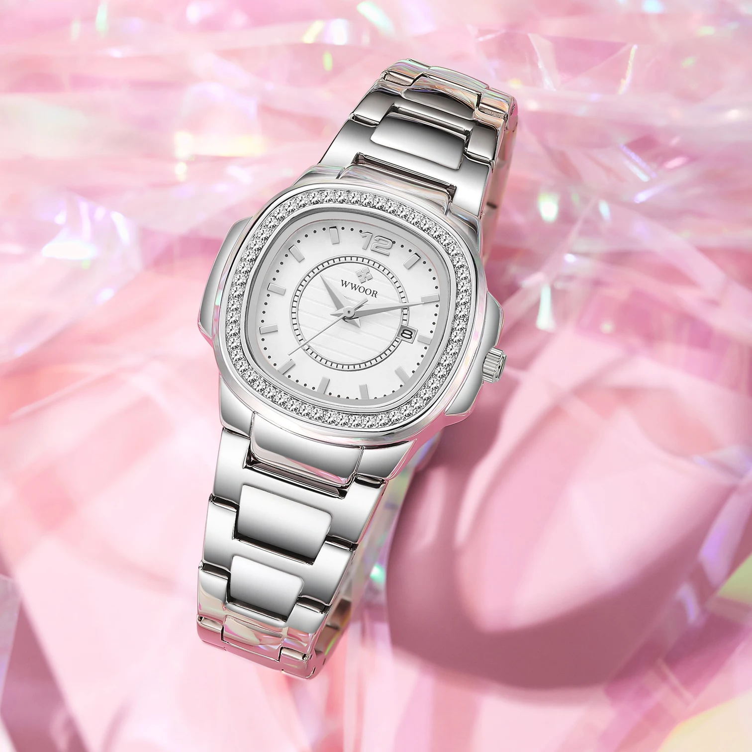 WWOOR Luxury Women White Watch Fashion Ladies Quartz Wristwatch Calendar ​Diamonds Female Clock Bracelet Watch New Elegant Reloj