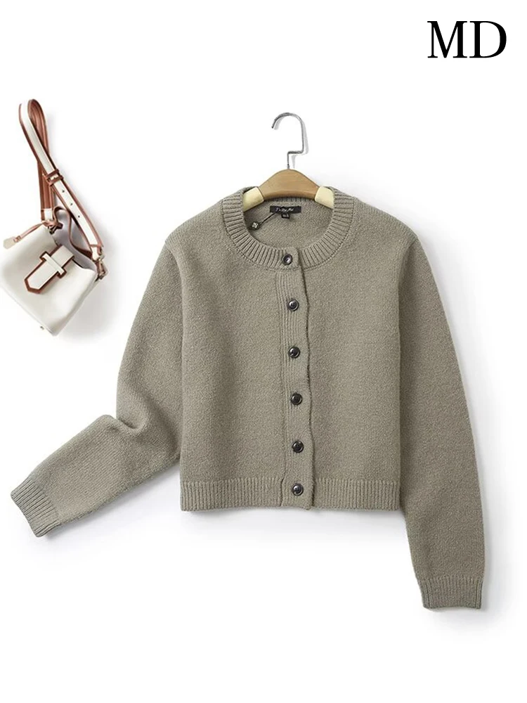 MD женская мода сплошной цвет простой ниши вязать круглый вырез с длинными