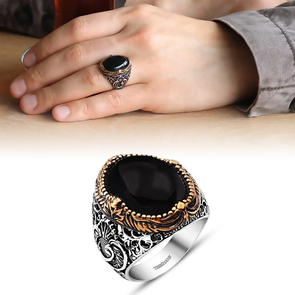 

Vav Embroidered Black Onyx Cubic Zirconia 925 Sterling Silver Men 'S Ring