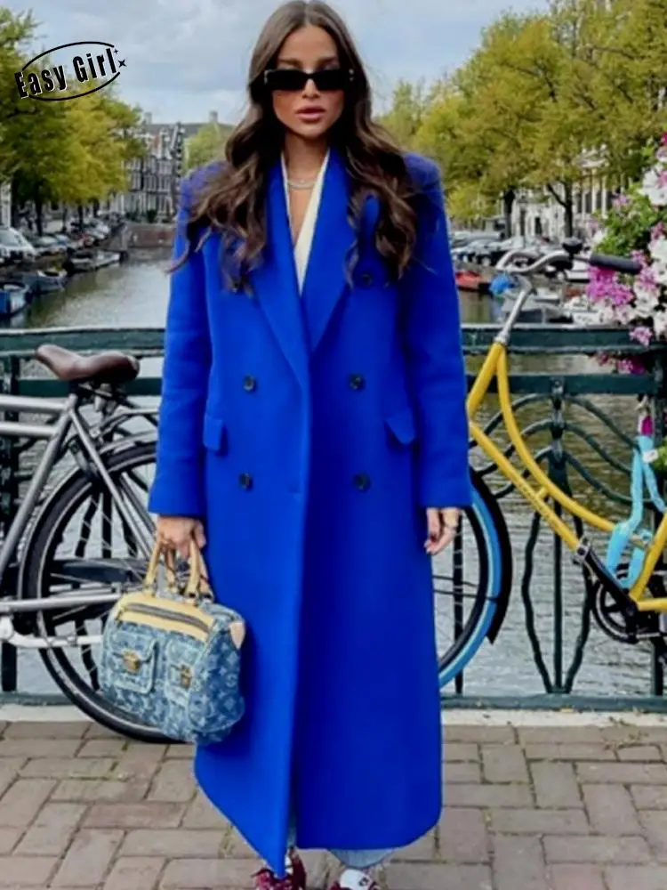 

Elegant Notched Women Overcoat 2022 Autumn Winter Double Breasted Pocket Female Straight Coat Slim Solid Coats for Office Lady