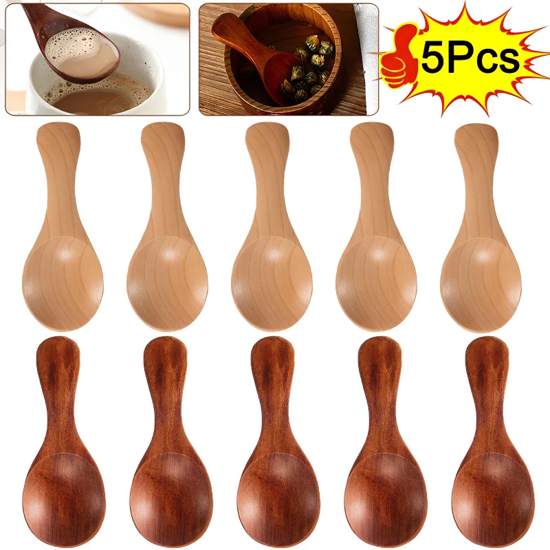 

5Pcs Wooden Spoons Mini Kitchen Spice Condiment Spoon Sugar Tea Coffee Scoop Short Handle Wood Kids Scoop Kitchen Gadgets
