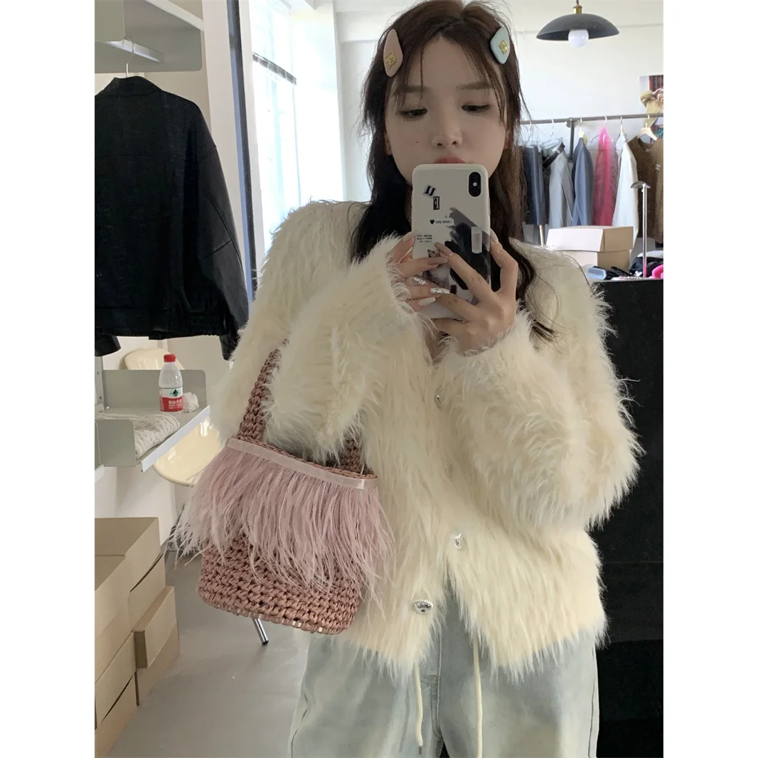 

Autumn Winter Mink Cashmere Sweater Jacket Women Solid Soft Warm Long Sleeve Knitted Cardigans Chic Pearls Button Outwear Q31