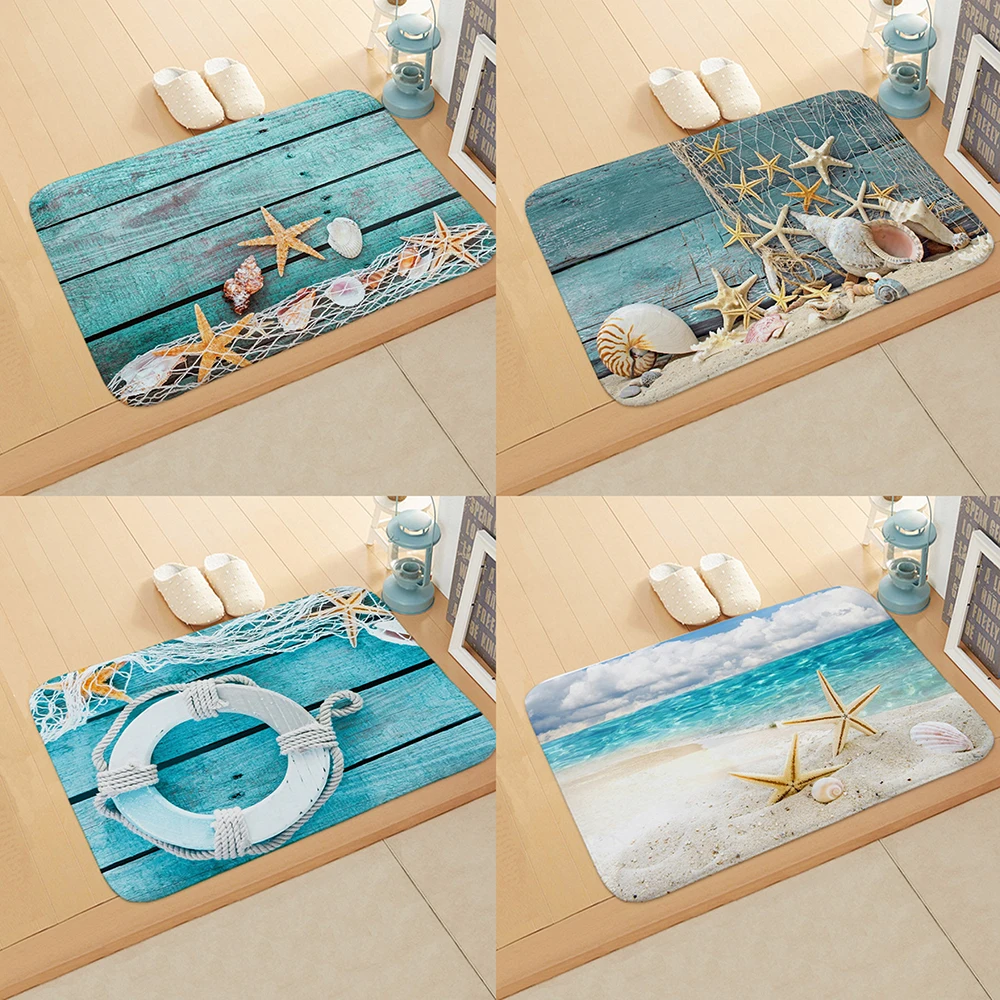 

Starfish Fishing Net Bath Mats Beach Wooden Board Deck Blue Carpet Conch Scenery Foot Pad Sea Lifebuoy Bathroom Doormat Non-Slip