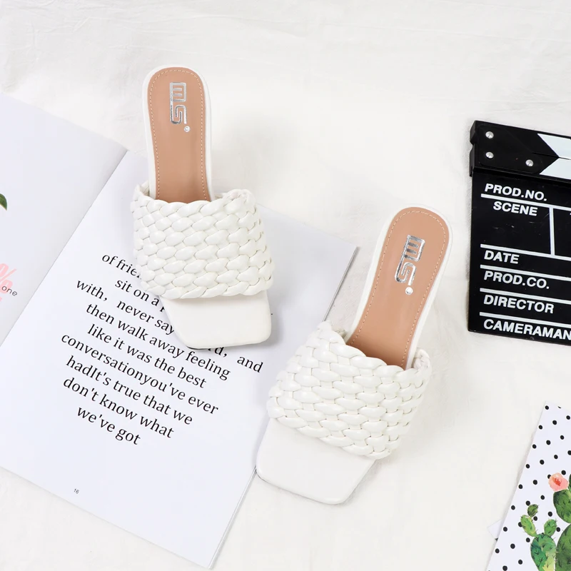 Large-size high-heeled slippers woven with crystal sandals 2022 summer joker black Transparent heel square toe women's shoes