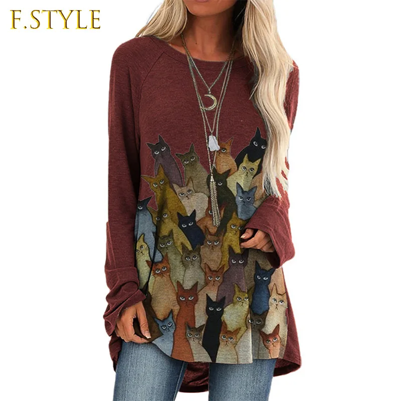 

Autumn Funny Kawaii Cat Printed Women T-shirt Round Neck Long Sleeve Tunics Fashion Casual Plus Size Cotton Loose Pullover Tops