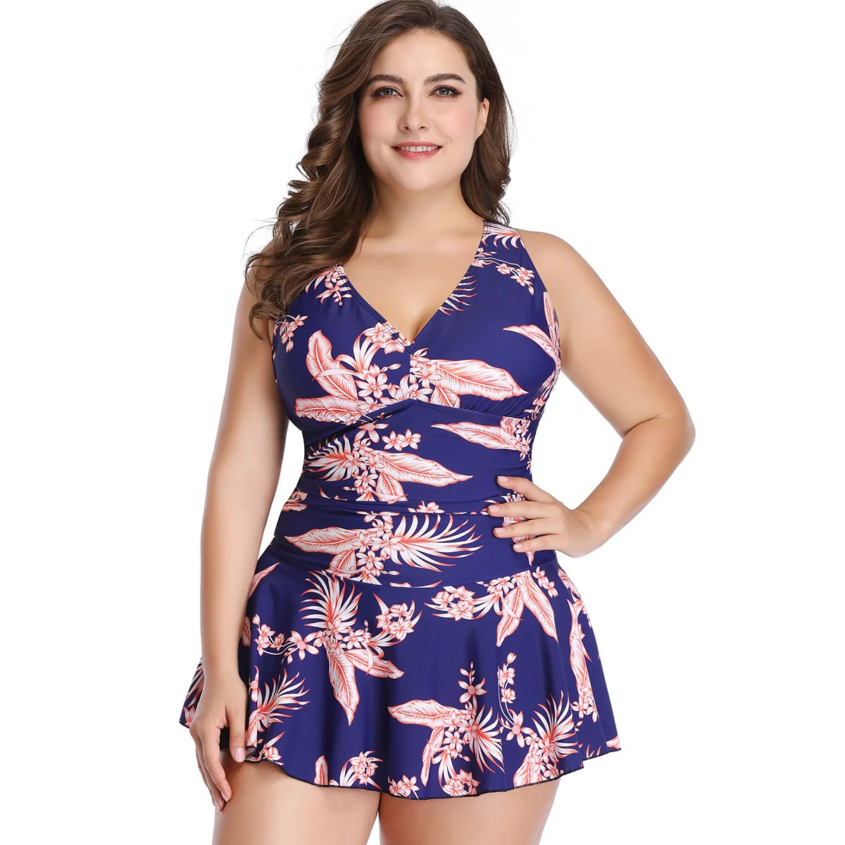 

2022 New Plus Size Swimsuit Women's Solid Color Printed Skirt Split Flat Angle