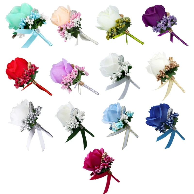

3Pcs Artificial Rose Boutonnieres Groom Flower Realistic Fake Berries for rhinestone Bouquet Corsage Brooch Pin for Wedd