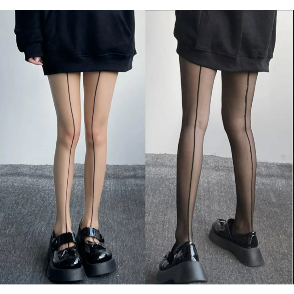 

Before and After Two Wear Vertical Silk Stockings Shrimp Line European-style Retro Black Thin Meat Leggings Pantyhose Female