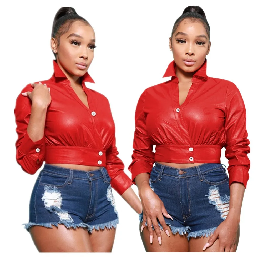 Red Mini Short Top Women's Flocking Leather Coat In Autumn and Winter Long Sleeve Button Leather Coat Jackets Jaqueta Feminina
