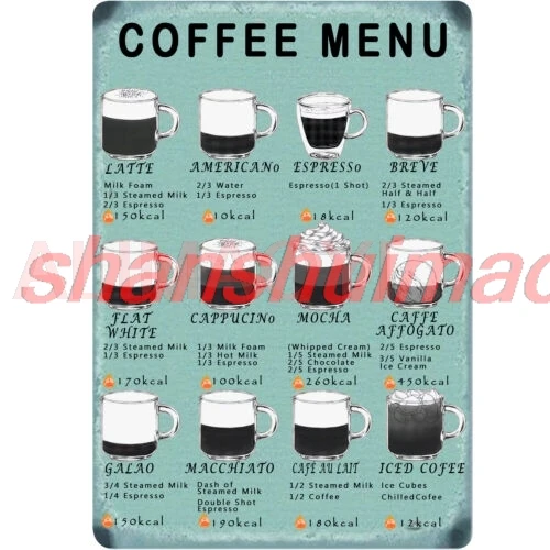 ALI Кофе Знания Металлическая жестяная вывеска Типы кофейного меню Ретро плакат