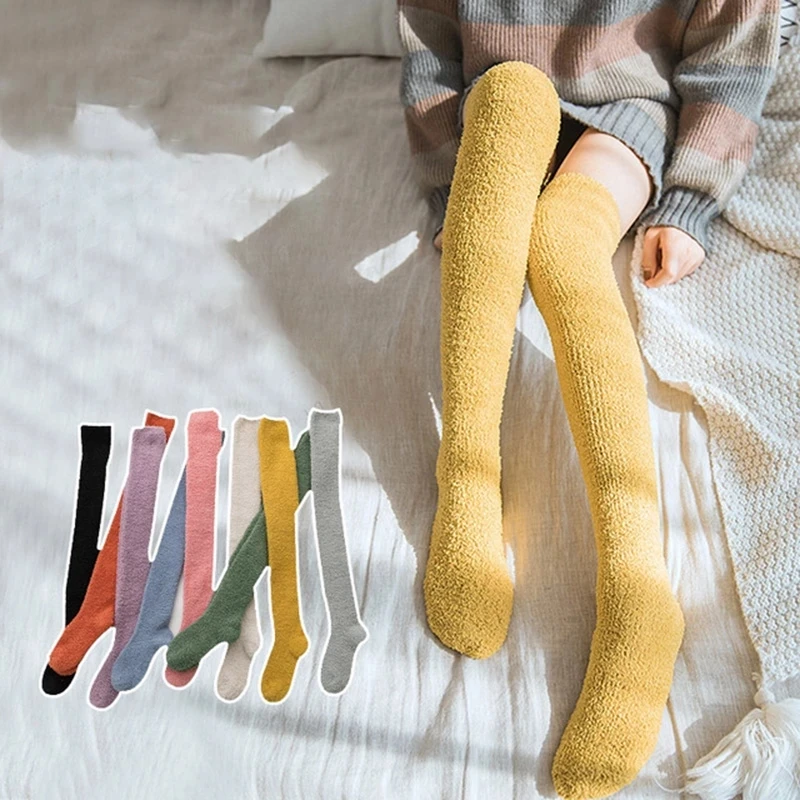 Helisopus New Candy Color Warm Coral Fleece Stockings Coral Cashmere Thigh High Stockings Winter Female Soft Fluffy Knee Socks