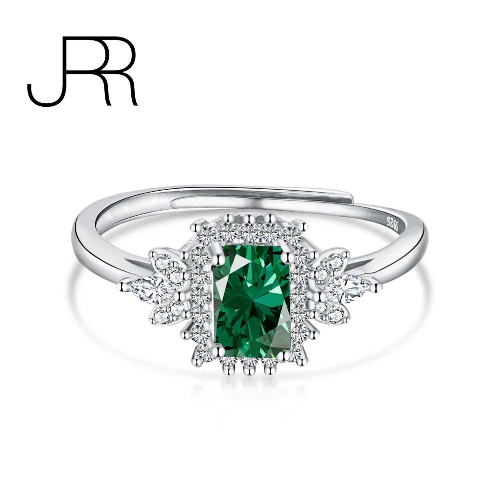 

JRR Real 925 Sterling Silver Exquisite Luxury 0.75ct Clear Green Ruby Blue Zircon Rectangle Rings For Women Girls Fine Jewelry