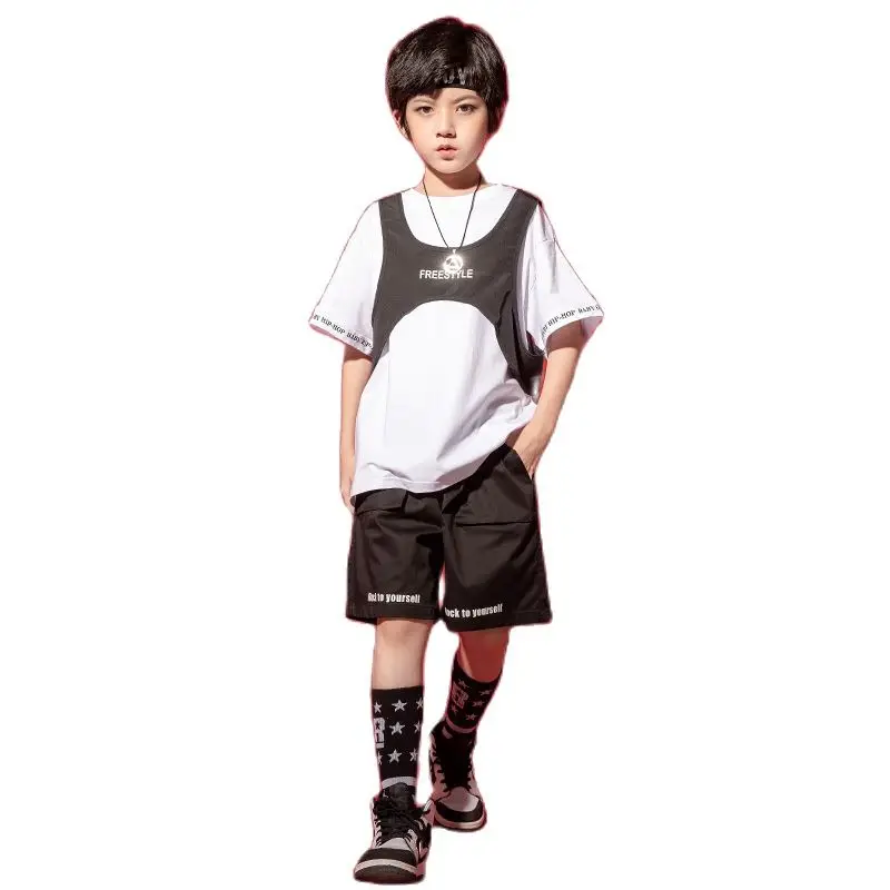 

Girls Fashion Clothes Festival Hip Hop Performance Outfits Vest + T-Shirt + Shorts 3pcs Boys Jazz Dance Catwalk Costume 4-14 Yrs