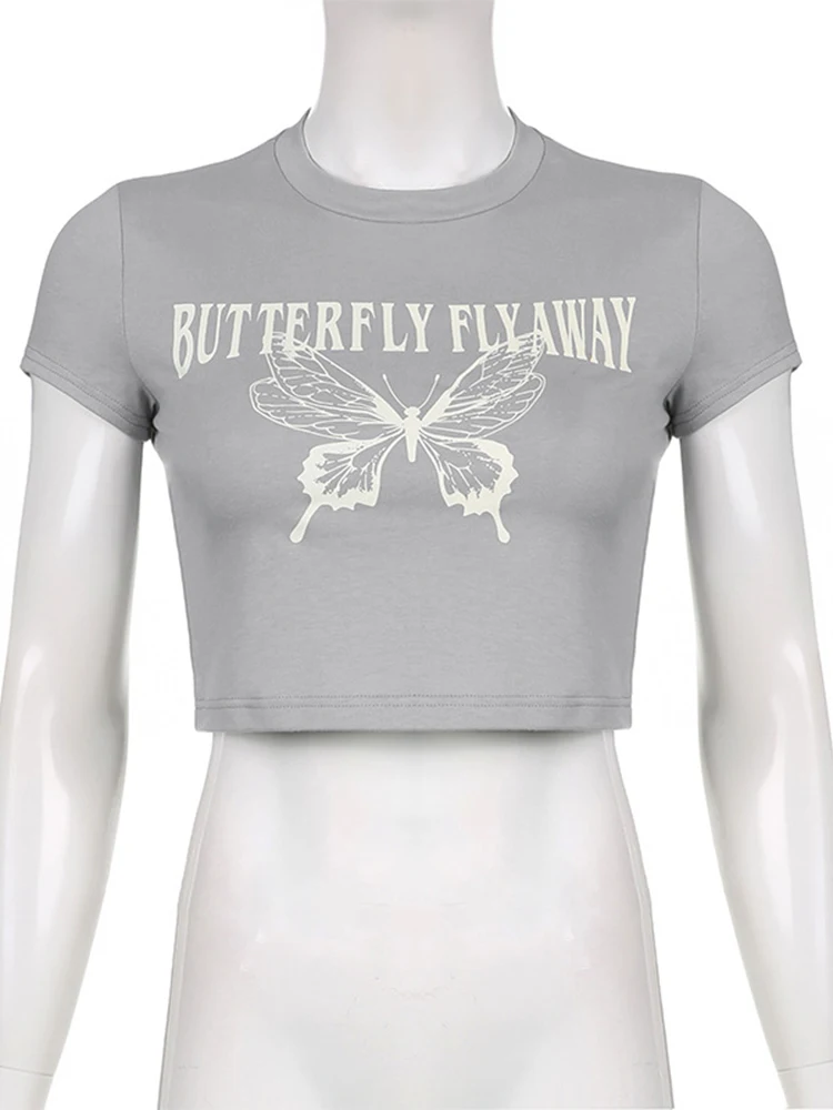 Женская футболка с коротким рукавом ArtSu серая укороченная бабочками