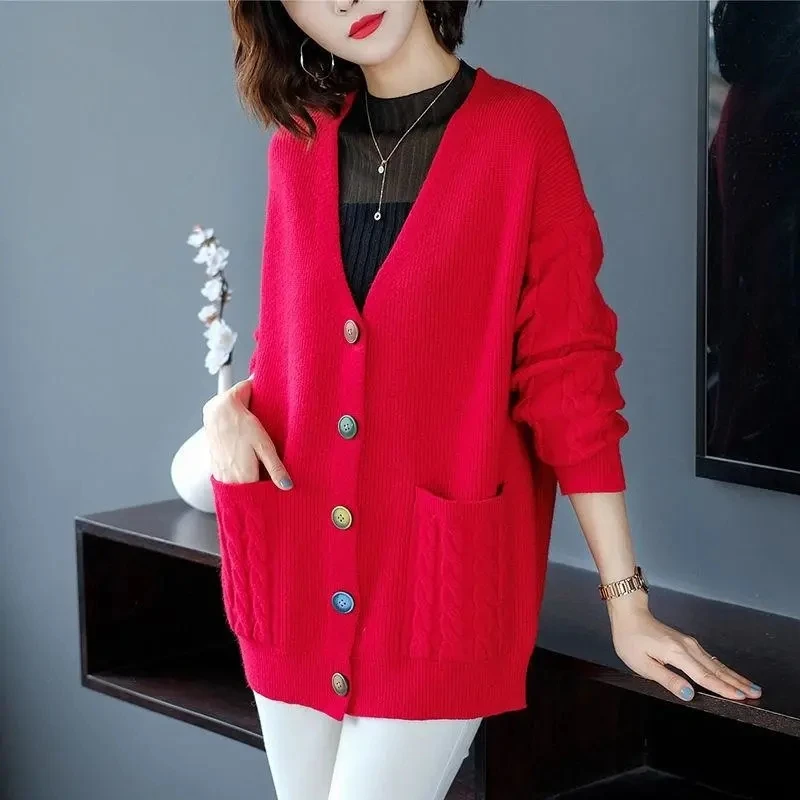 

Womens Korean Fashion Cardigan Sweater 2022 Spring Autumn V-Neck Single Breasted Casual Loose Knitted Coat Female Ropa Mujer Top
