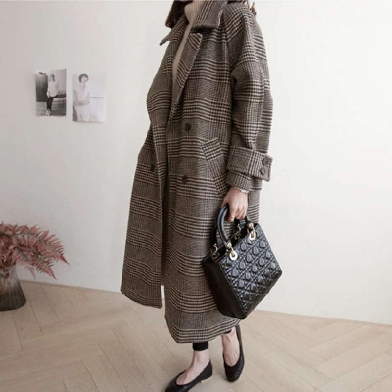 

Vintage Long Plaid Wool Coat Jacket Women 2022 Winter Double Breasted Straight Woolen Overcoat Outerwear Female