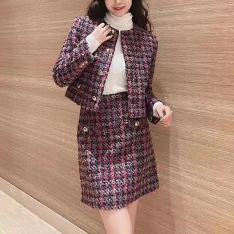 Французское элегантное женское пальто в клетку S с круглым вырезом модные