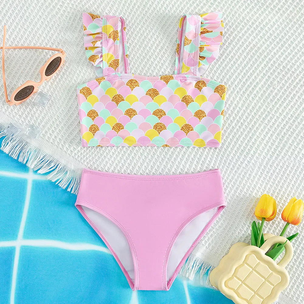 

3-8 Years Toddler Baby Girls Bikini Swimsuit Kids Fish Scale Print Two Piece Children's Swimwear Ruffle Strap Bathing Suit 2023