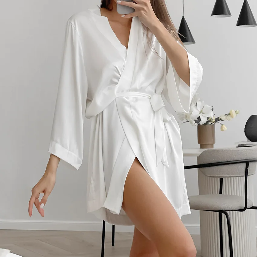 

Women Wedding Morning Gown White Bride Sleepwear Loose Nightgown Female Silk Satin Kimono Bathrobe Robe 3/4 Sleeve Lingerie