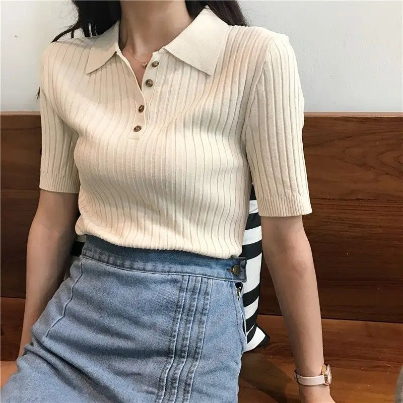 

Summer T Shirt Short Sleeve Lapel Korean Ice Silk Knit Polo Crop Top Office Lady Top Womens Tee