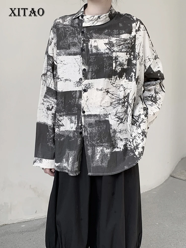 

XITAO Fashion Print Skirt Casual Loose Irregular Skew Collar Single Breasted Blouses 2022 Street Trendy New Women WLD7579