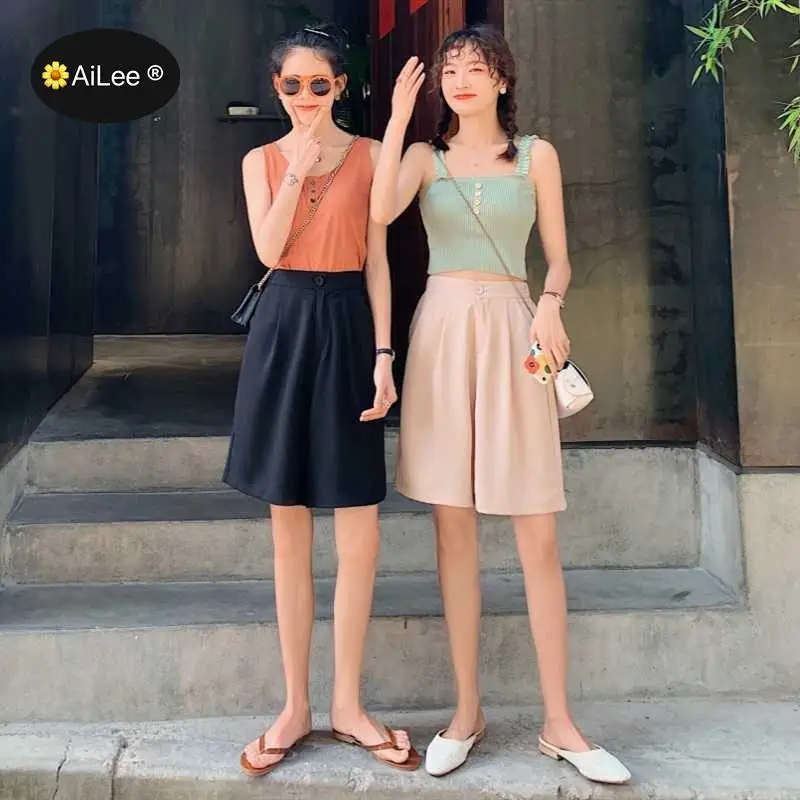 Fashion Half Long Shorts Women's Autumn Summer Bermuda High Waist Loose Five Points Knee Length Trouser Harajuku Wide Leg Shorts