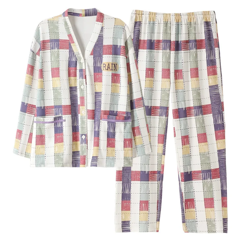 New Cotton Women'S Pajamas Long-Sleeved Plaid Print Pajamas Style Temperament Cardigan Outerwear Home Service