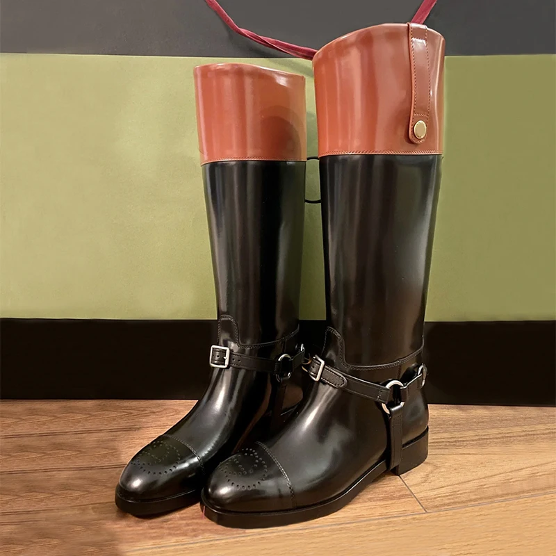 Round Toe Slip-on Boots New Flat High Boots Round Toe Color Matching Knight Boots for Woman