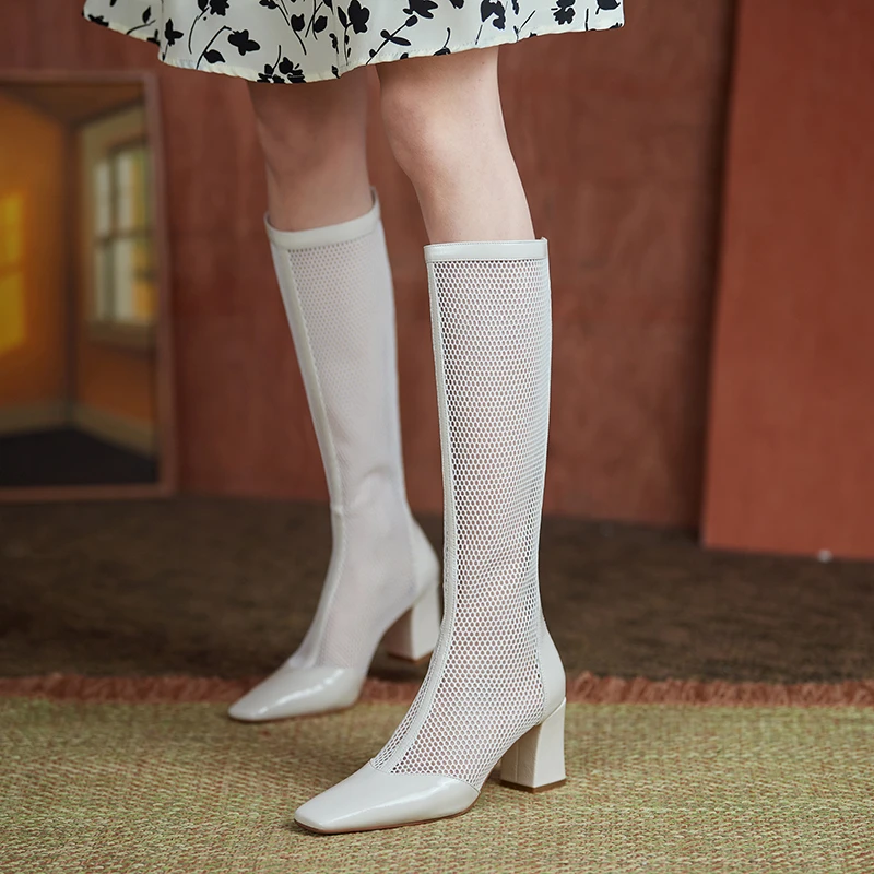 

2022 Women Knee High Boots Patent Leather Mesh Hollow Zipper Mid Chunky Heel Soild Pointed Toe Autumn Lady Shoes Bota Feminina