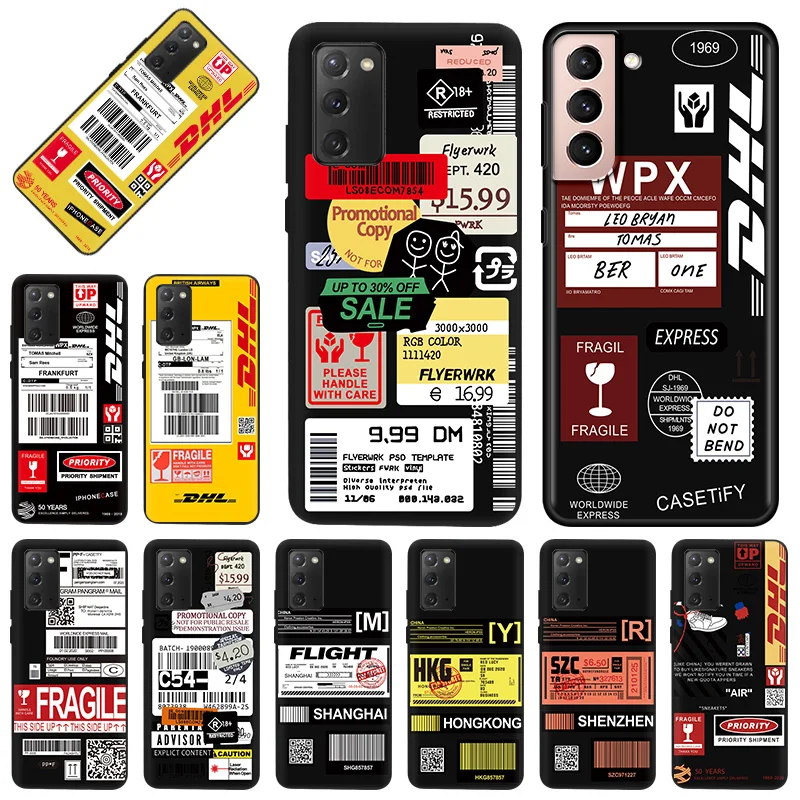 

Phone Case for Samsung Galaxy S22 Ultra S21 S20 S10 Plus FE 5G E Note 10 Lite 9 8 Dhl Express Label Soft Black Silicone Cover
