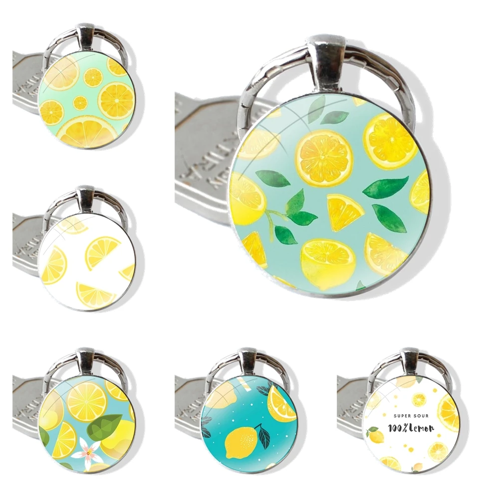 

Модный креативный стеклянный брелок с изображением лимона фрукта цветка кабошона брелок для автомобильных ключей ручной работы