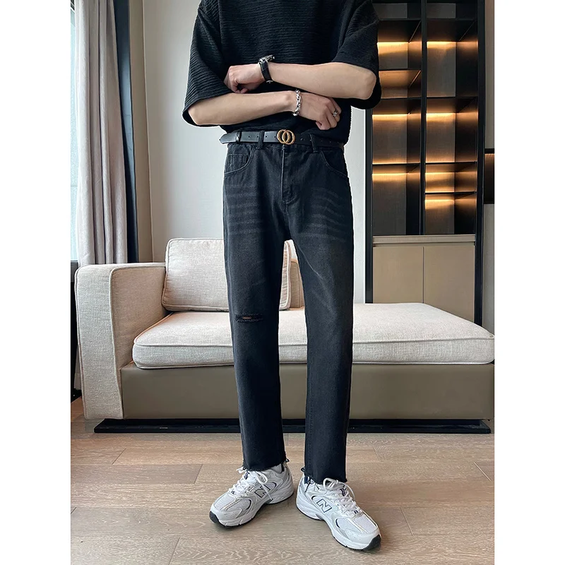 Summer Blue Black Jeans Men Slim Fit Fashion Casual Hole Straight Jeans Men Korean Perforated Denim Pants Mens Trousers M-2XL