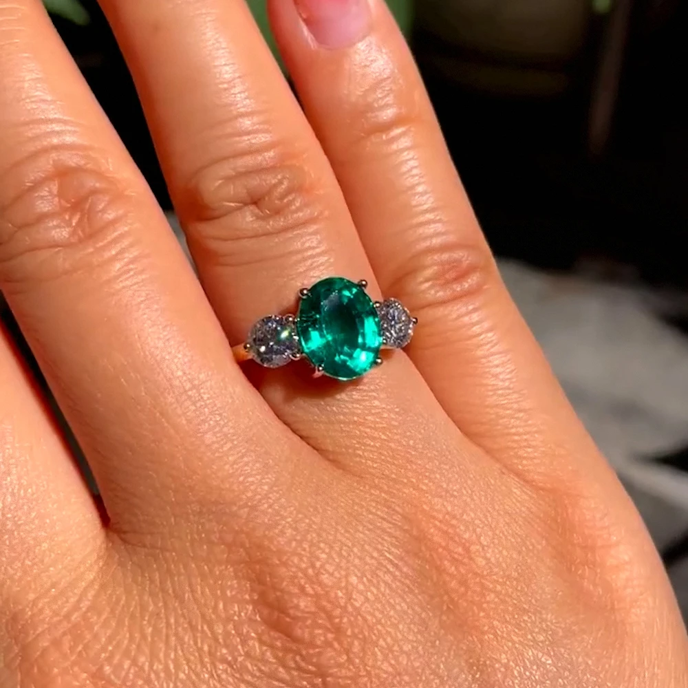 

JOVOVASMILE 3 Carat Oval Cut Colombian Vivid Green Lab Grown Emerald Rings 0.88ct VVS Round Moissanite Ring 14k 9k Real Gold