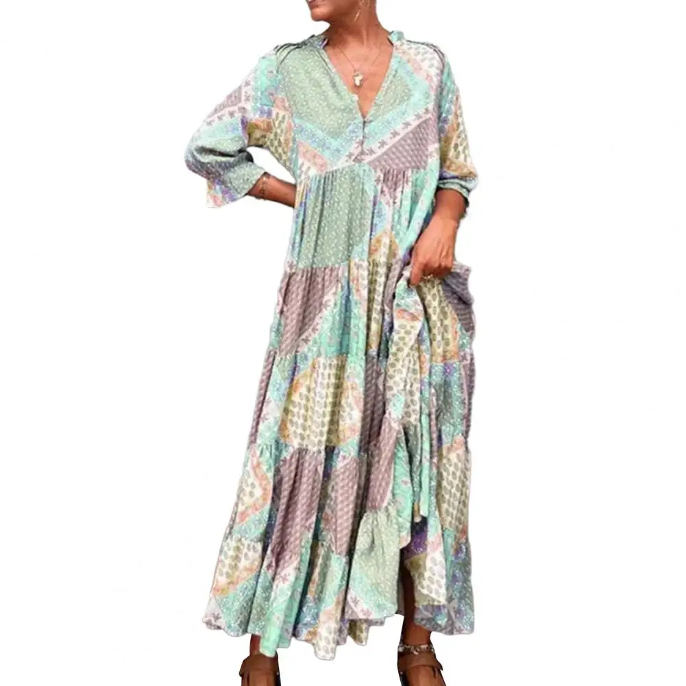 

Women Long Dress V-neck Buttons Half Placket Maxi Dress Half Sleeve Ruffle Stitching Flowy Hem Color Matching Robe Streetwear