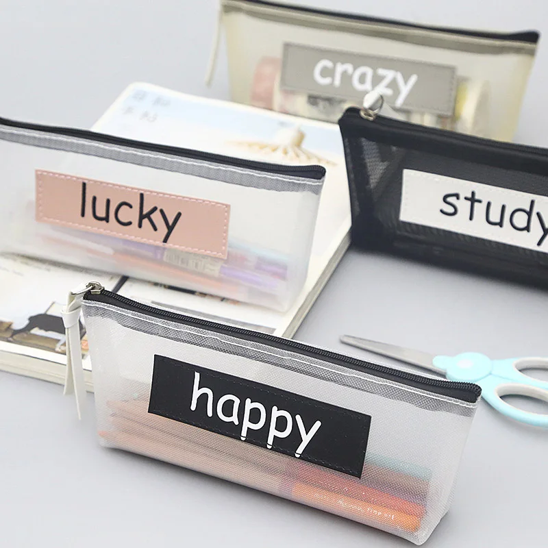 

Transparent Case Mesh Pencil Storage Bag for Kids Girls Gift Office School Supplies Kawaii Stationery Nylon Zipper Pencilcase