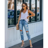 women ripped straight jeans 2022 summer mid waist street hipster washed casual pencils pants female new fashion wild trousers