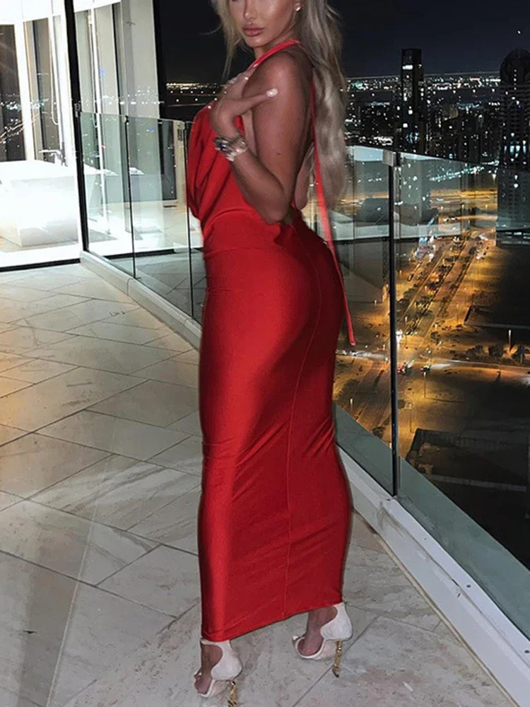 Женское платье с лямкой на шее BWQ летнее облегающее средней длины открытой спиной