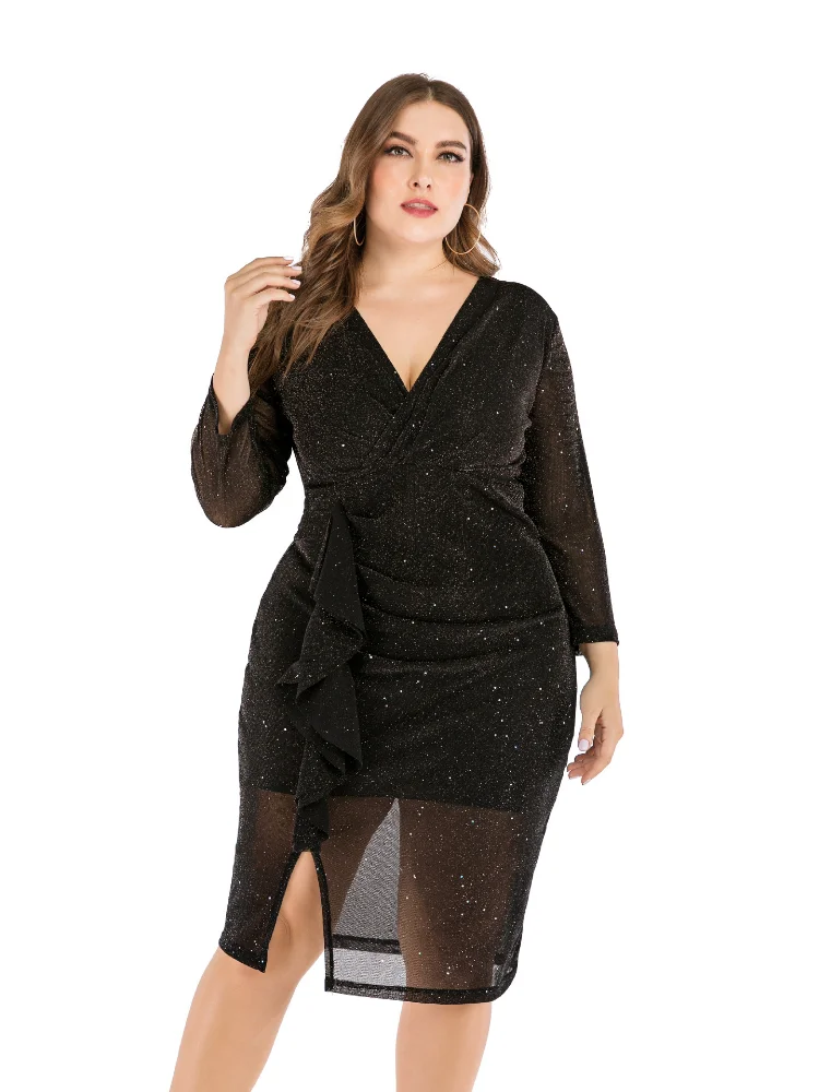 Plus-size fat MM dress fall/winter sheer V-neck slim split dress plus size dress  v neck dress  plus size feminino