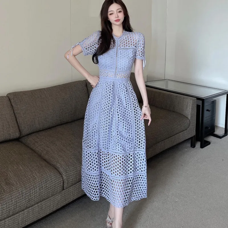 

2022 Summer Fashion Women Elegant Runway Design Dress High Waist Blue Lace Hollow Out Dress Vestidos