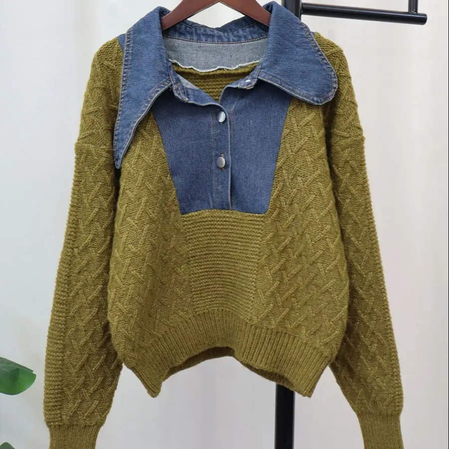 

Hsa Vintage Jumper Lady Loose Sweater Denim Stitching Top Women Knitted 2023 Autumn Winter Long Sleeve Female Soft Chic Pullover