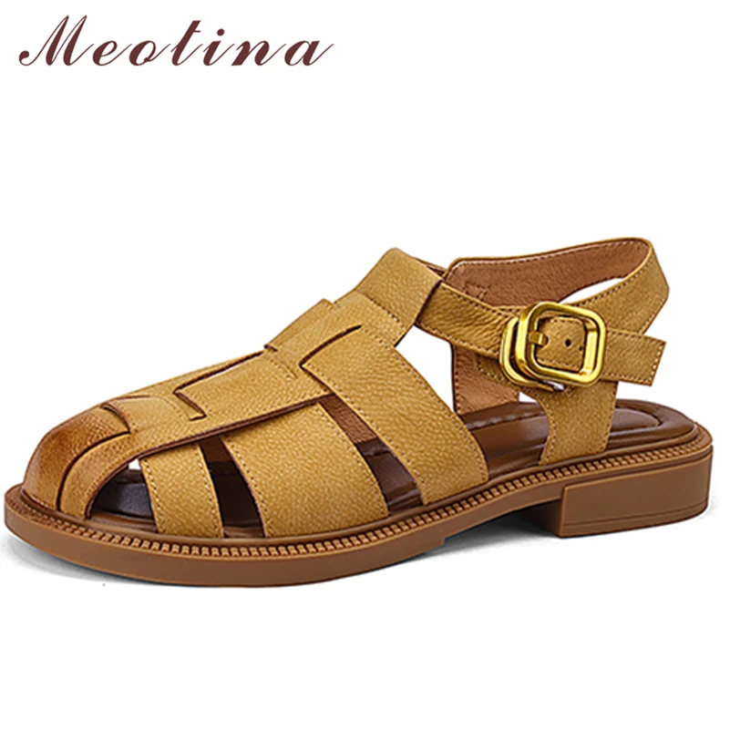 

Meotina Genuine Leather Women Gladiator Shoes Fashion Buckle Sandals Flat Round Toe Ladies Footwear 2022 Summer Apricot Black
