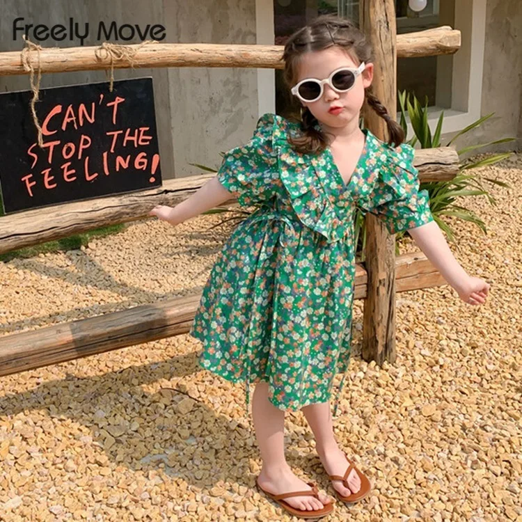 

Freely Move New Girls Summer Princess Dress V Neck Ties Green Floral Dress Lady Sweet Vestidos Children'S Clothing Kids Clothes