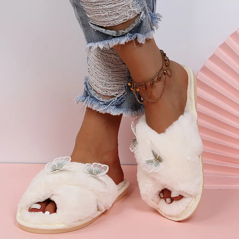 Women's Winter Shoes Faux Fur Girls Flat with Cute Fluffy Butterfly Slippers for Home