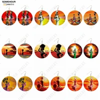 somehour african ethnic tribal arts painting wooden drop earrings afro headwrap woman traditional wood loops dangle jewelry gift