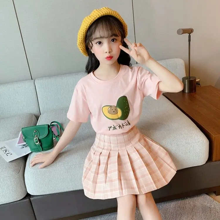 

Kids Sets 2022 T-shirts Skirt O-neck Collar Short Sleeve Pullover Elastic Waist A-line Above Knee Length Summer Children Girls