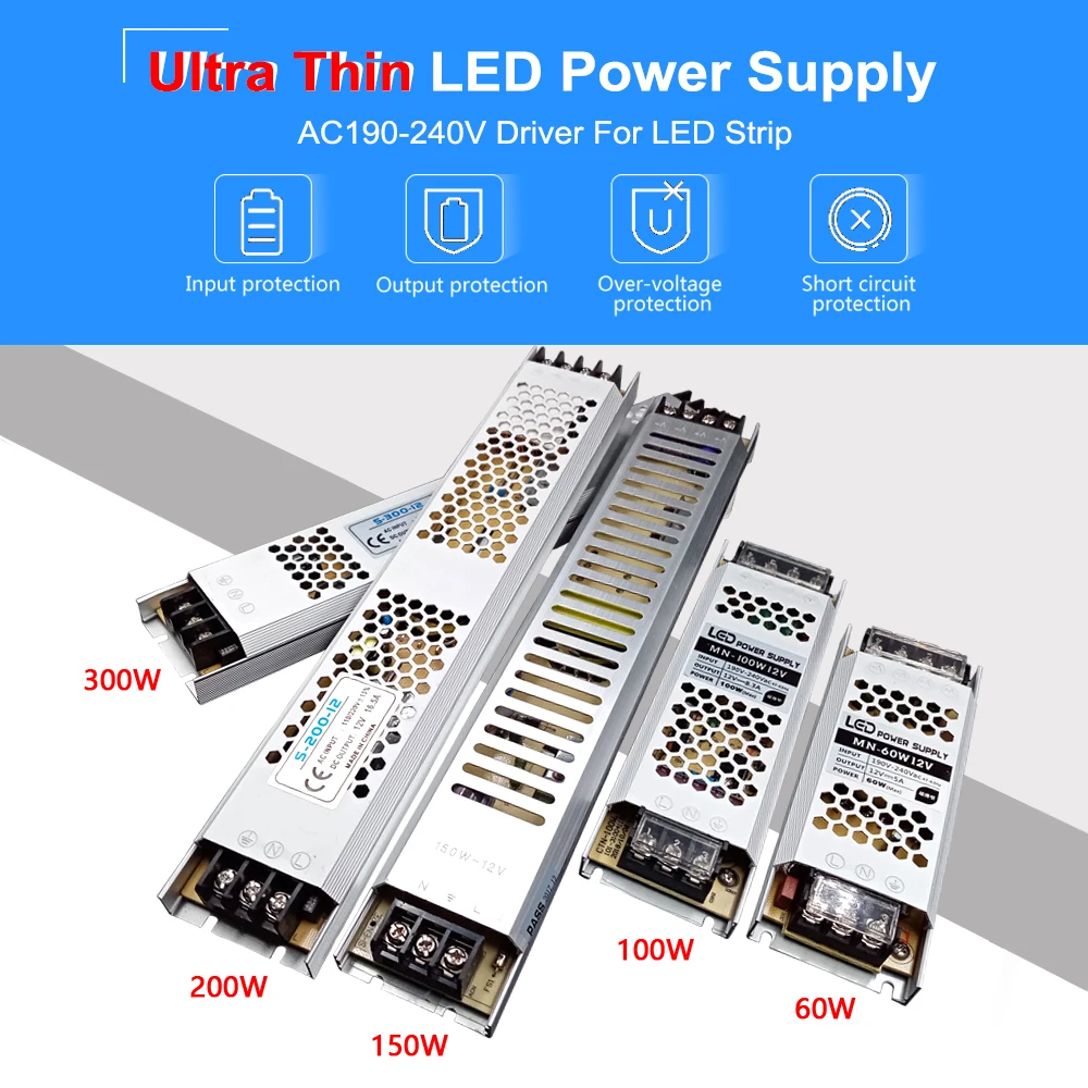 Ультра тонкий светодиодный AC DC Питание трансформатор 220 В до 12V 24V LED