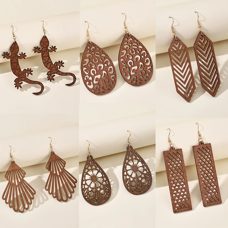 

Женские винтажные деревянные серьги коричневого цвета, этнические полые деревянные серьги с резьбой в стиле бохо, ювелирные изделия, подарки Brincos
